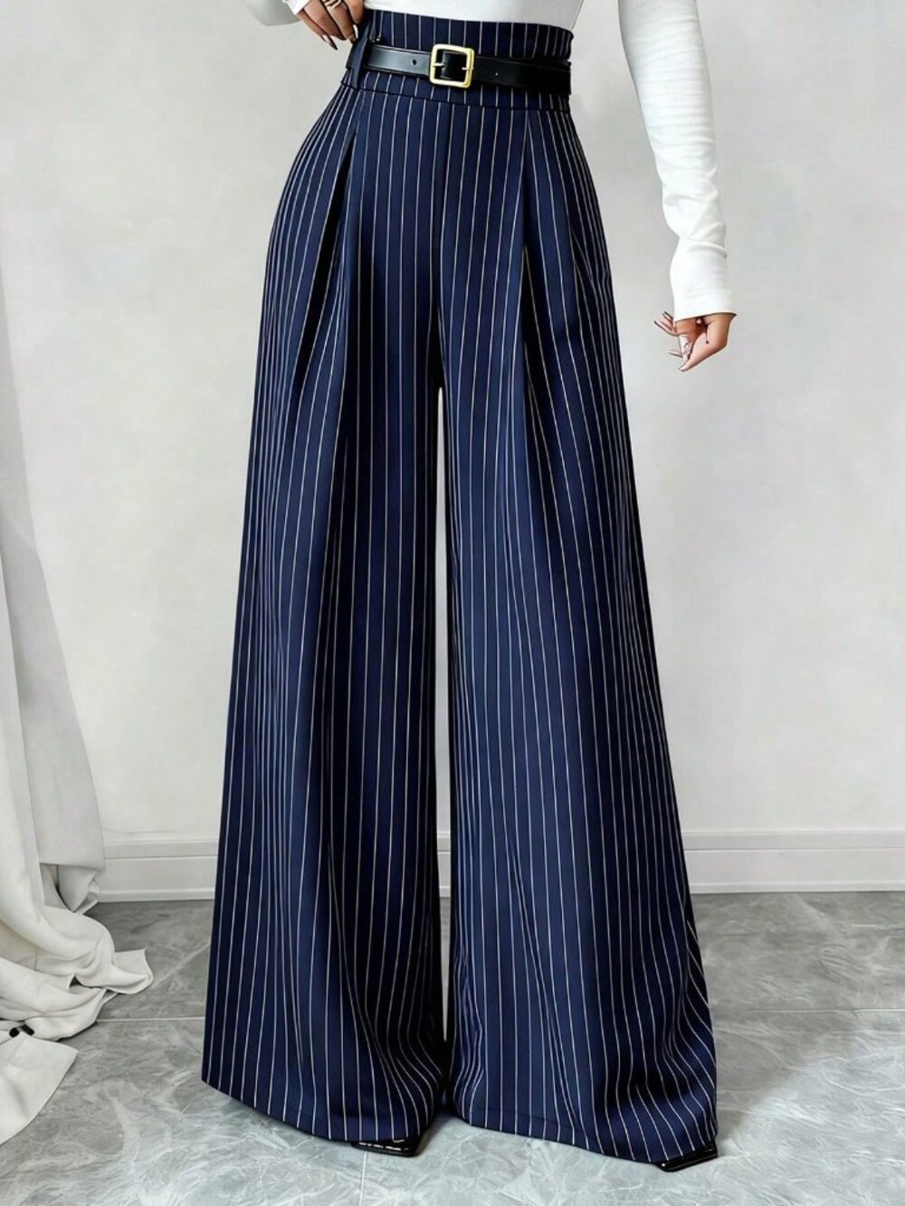 Navy Blue Elegant Women's Striped Pleated Zipper Fly Wide Leg Trousers